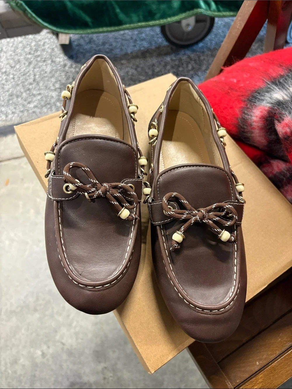 H&M Brown Women's Faux-Leather Slip-On Loafers with Bead Trim